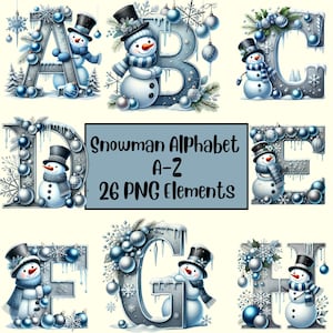 Paquete de alfabeto navideño PNG, letras de muñeco de nieve PNG, paquete de imágenes prediseñadas de muñeco de nieve navideño, letras festivas, sublimación