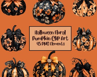 Clipart floral citrouilles | Clipart citrouilles toile florale d'Halloween | Lot de ferme d'automne | Citrouille florale d'Halloween PNG