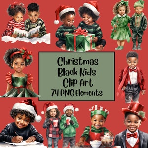 水彩画の黒の子供向けクリスマス クリップアート バンドル、アフリカ系アメリカ人、ホリデー PNG、お祭り、サンタクロース クリップアート、女の子、男の子、読書本