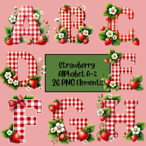 Pacchetto PNG alfabeto fragola, Clipart primo compleanno fragola, Clip art fragola carina, Download digitale, Design sublimazione,
