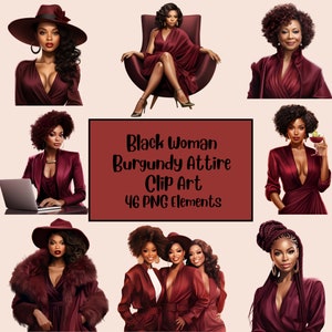 Clipart bordeaux femme noire à la mode, belle femme noire bien roulée, clipart noir, patron femme, lot afro-américain, femme de bureau