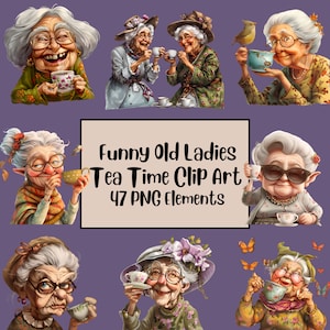 以下が含まれることがあります： お茶の時間を楽しんでいる面白い老婦人のイラストが描かれたデジタルクリップアートセット。このセットには、プロジェクトに遊び心を加えるのに最適な47個のPNG要素が含まれています。