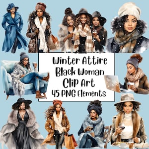 Aquarela inverno menina negra clipart png, moda menina clipart, meninas afro-americanas clipart PNG, ilustrações de mulher, adesivos de planejador