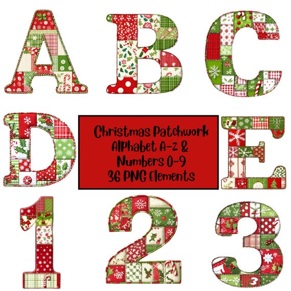 Christmas Alphabet PNG, Patchwork Letters and Numbers Clipart, Christmas Doodle Letters, Sublimation Design, Holiday Clipart
