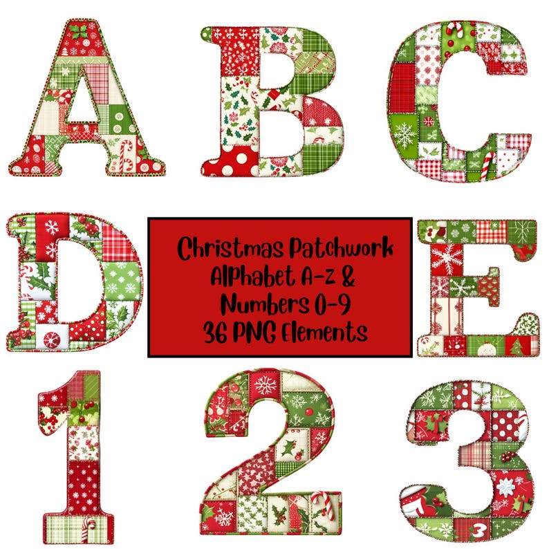 Peut inclure: Un ensemble de 36 lettres et chiffres de l'alphabet en patchwork de No&euml;l. Les lettres sont en rouge, vert et blanc avec un motif en patchwork. Les lettres sont A, B, C, D, E, 1, 2 et 3. Le texte sur l'image est "Christmas Patchwork Alphabet A-Z & Numbers 0-9 36 PNG Elements".