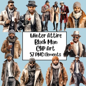 Clipart aquarelle hiver homme noir, clipart mari, clipart homme afro, PNG, petit ami, festif, lot, hommes afro-américains