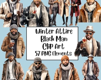 May include: Digital clip art set of 57 illustrations featuring Black men in winter attire. The illustrations are in a watercolor style and depict men wearing various winter clothing, including coats, scarves, hats, and gloves. The illustrations are perfect for creating winter-themed designs, such as greeting cards, invitations, and social media graphics.