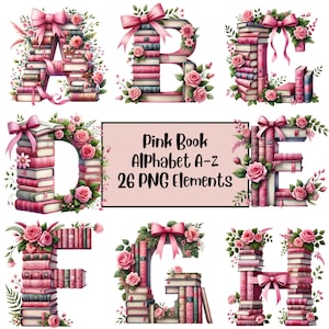 Ensemble de cliparts alphabet livre, graphiques livresques, clipart amateurs de livres, livre floral PNG, sublimation, séjours au club de lecture, librairie, rats de bibliothèque