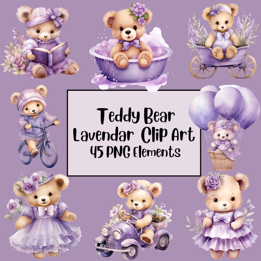 Teddy Bear Clipart Bundle, Girl Baby Shower PNG, Cute Lavendar Boho ...