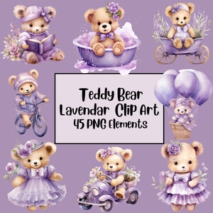 Bundle de cliparts ours en peluche, Shower de bébé fille PNG, ours en peluche bohème lavande mignon, clipart chambre d'enfant, ballon d'ours en peluche, faire-part