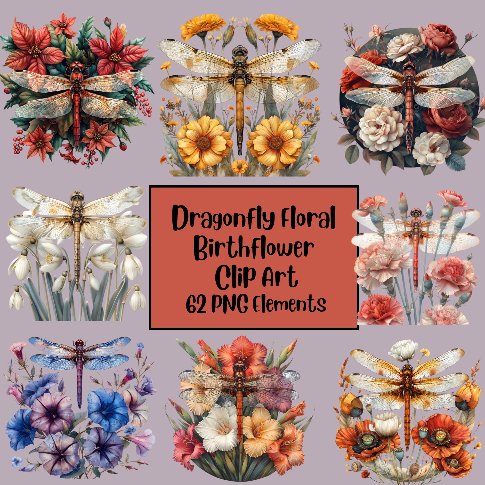 Dragonfly Floral Birthflower Clipart Sublimations Bundle, Insect PNG ...