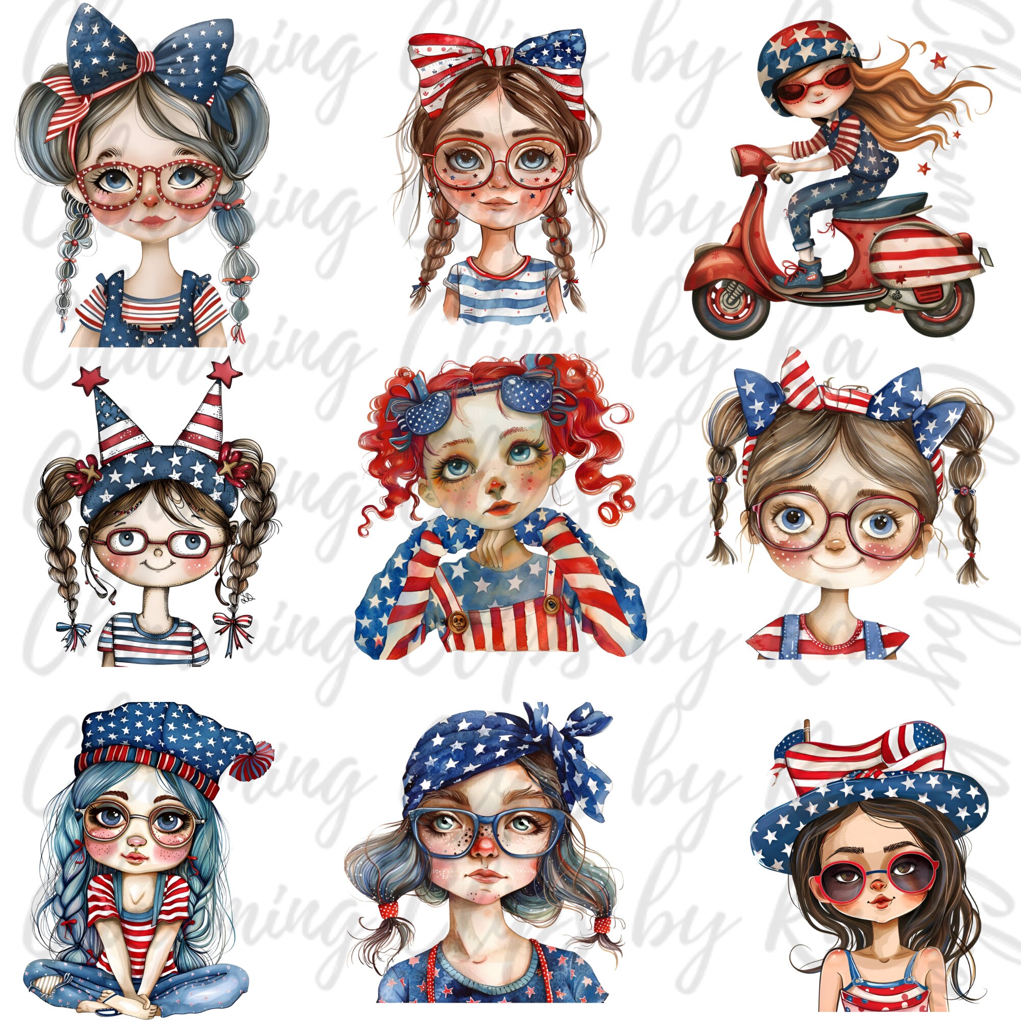 Quirky Girl Clipart, Whimsical Girl, Patriotic, 4th of July, Paper Doll