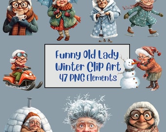 Funny Old Ladies Clipart, Winter Old Ladies Clipart, Cute Grandma, Old Ladies PNG Bundle, Cheerful Old Lady, Funny Old People, Sublimination