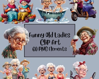 Funny Old Ladies Clipart, Elderly Clipart, Cute Grandma, Old Ladies PNG Bundle, Cheerful Old Lady, Funny Old People, Sublimination