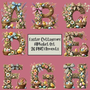 Easter Alphabet PNG Set, Easter Cottagecore Doodle Letters, Bunny Alphabet, Sublimation, Digital Download, Happy Easter PNG, Easter Eggs