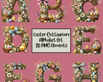 Easter Alphabet PNG Set, Easter Cottagecore Doodle Letters, Bunny Alphabet, Sublimation, Digital Download, Happy Easter PNG, Easter Eggs