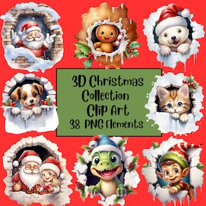 3D Weihnachtscliparts, Tierbündel, Weihnachtskollektion, 3D-Loch in Wandgestaltungen, PNG, Aquarell Weihnachtscliparts, Sublimation, Weihnachtsmann