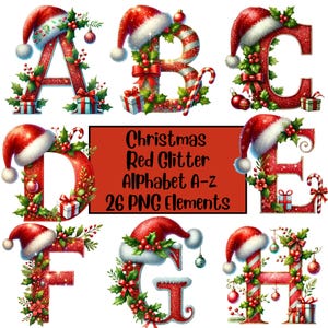 Pacchetto PNG alfabeto natalizio, lettere glitterate rosse PNG, lettere natalizie PNG, lettere festive per le vacanze, sublimazione, alfabeto glitterato rosso