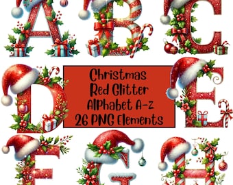 Alphabet de Noël PNG Bundle, lettres de paillettes rouges PNG, Noël lettres PNG, lettres de vacances festives, sublimination, Alphabet de paillettes rouges