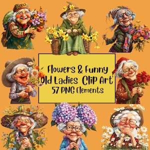 Clipart engraçado de velhinhas, clipart de flor de nascimento, primavera, clipart de idosos, pacote PNG de velhinhas, velhinha alegre, velhinhos engraçados