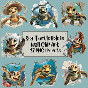 Meeresschildkröte Clipart, 3D Loch in der Wand, niedliche Schildkröte PNG, Baby Schildkröte Clipart, Wand durchbrechen, nautische Clipart, Meerestiere