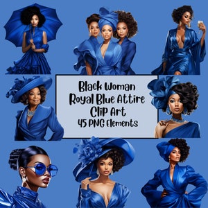 Modieuze zwarte vrouw koningsblauwe clipart, mooie bochtige zwarte vrouw, zwarte clipart, baas vrouw, Afro-Amerikaanse bundel, kantoordame