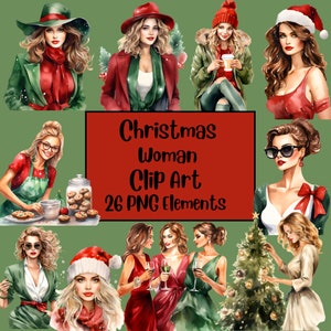 Aquarelle Noël femmes clipart PNG, festif, clipart vacances, femme, journal indésirable, planificateur d'autocollants, lot, scrapbooking, meilleurs amis
