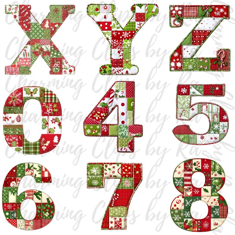 Peut inclure: Un ensemble de lettres et de chiffres en patchwork sur le th&egrave;me de No&euml;l. Les lettres sont X, Y et Z. Les chiffres sont 0, 4, 5, 6, 7 et 8. Les lettres et les chiffres sont faits de tissu rouge, vert et blanc avec une vari&eacute;t&eacute; de motifs de No&euml;l.