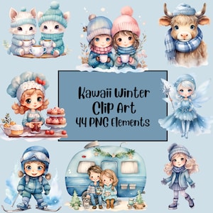 Aquarell niedlichen Kawaii Winter Clipart, Schneemann Clipart, Saisonal, gemütlicher Winter, Eisbär, Tiere, Pinguin, Lesen, Bücherwurm, Bücher