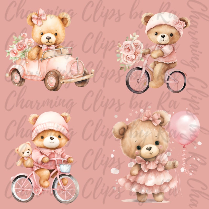 Teddy Bear Clipart Bundle, Girl Baby Shower PNG, Cute Pink Boho Teddy ...