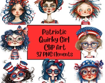 Quirky Girl Clipart, Chica caprichosa, Patriótica, 4 de julio, Muñeca de papel, Diario basura, Chica linda, Chicas de papeles digitales caprichosas