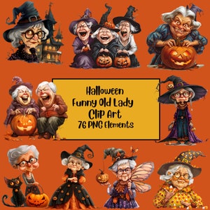 Clipart drôle vieilles dames, Clipart Halloween, automne esthétique, Clipart personnes âgées, vieilles dames PNG Bundle, joyeuse vieille dame, personnes âgées drôle