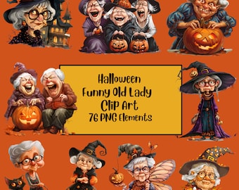 Funny Halloween Old Ladies Clipart, PNG Bundle (Digital Download)