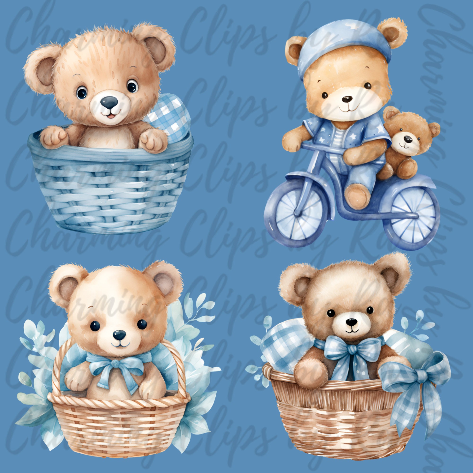 Teddy Bear Clipart Bundle, Boy Baby Shower PNG, Cute Blue Boho Teddy ...