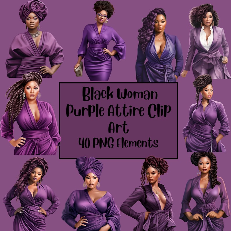 Op de afbeelding: Een digitale clip art set met illustraties van zwarte vrouwen in verschillende poses, gekleed in paarse kleding. De set bevat 40 PNG-elementen. De tekst "Black Woman Purple Attire Clip Art 40 PNG Elements" wordt weergegeven in een wit rechthoek.