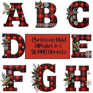 Kerstalfabet PNG-bundel, rode geruite buffel PNG, kerstbrieven, feestelijke kerstbrieven, sublimatie