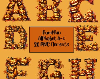 Halloween Pumpkin Alphabet Letters, Watercolor Clipart, Sublimation, PNG Doodle Design, Jack O Lantern Alphabet, Personalized Name