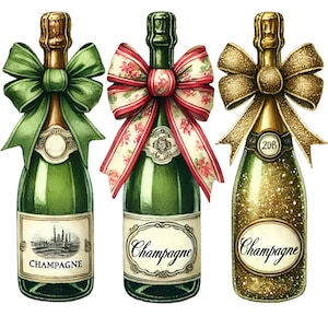 Watercolor Champagne Bottles with Coquette Bows | Social Club Watercolor Design | Preppy Design | Sublimation Design | Grandmillennial PNG