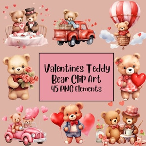 Valentines Teddy Bear Watercolor Clipart, PNG Design, Bundle, Pink Teddy Bear, Heart, Love Clipart, Romantic Clipart, Scrapbooking, Cards