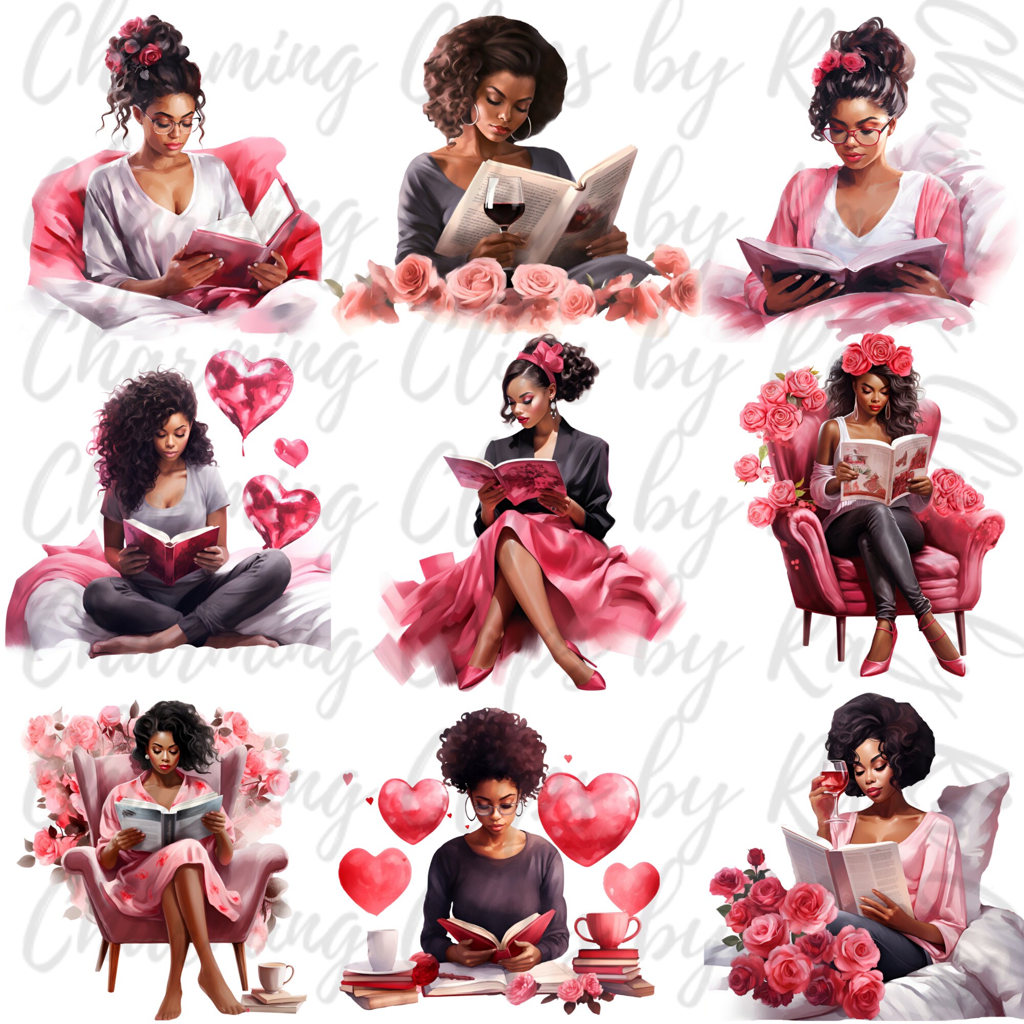 Watercolor Valentines Black Woman Reading Clipart, Bookworm, Holiday ...