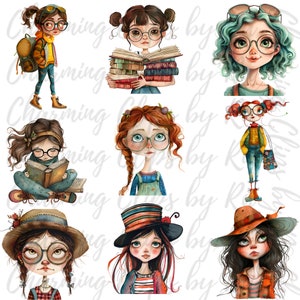 Puede incluir: Un conjunto de nueve ilustraciones digitales que representan a chicas de dibujos animados con gafas. Las chicas llevan diferentes atuendos y accesorios, incluyendo sombreros, mochilas y libros. Las ilustraciones tienen un estilo caprichoso y ser&iacute;an perfectas para usar en scrapbooking digital, creaci&oacute;n de tarjetas u otros proyectos creativos.