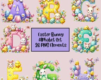 Easter Alphabet PNG Set, Easter Cottagecore Doodle Letters, Bunny Alphabet, Sublimation, Digital Download, Happy Easter PNG, Easter Eggs