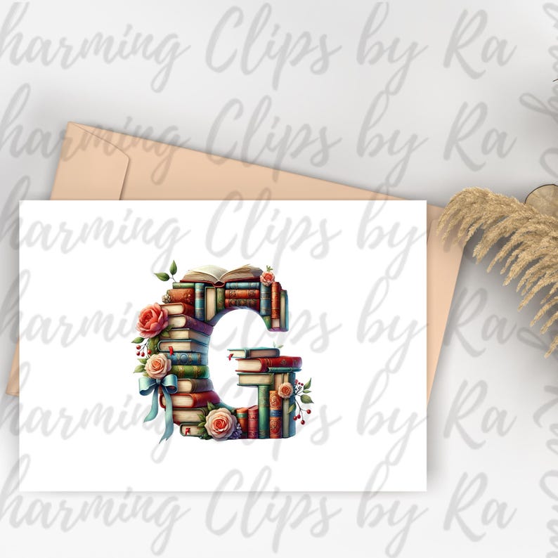 May include: A letter G made of stacked books with a floral design. The books are various colors and sizes, with some open and showing pages. The letter is surrounded by flowers and leaves.