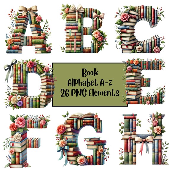 Book Alphabet Clipart Set, Bookish Graphics, Book Lovers Clipart, Floral Book PNG, Sublimation, Stays at Book Club, Book Shop, Bookworms