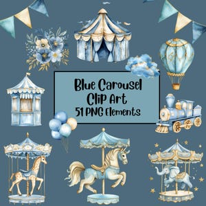 Aquarelle bleu carrousel des cliparts, lunatique ballerine carrousel graphique magique, vintage carrousel poney, chambre d'enfant PNG, clipart baby shower