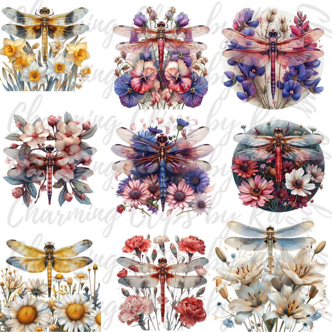 Dragonfly Floral Birthflower Clipart Sublimations Bundle, Insect PNG ...