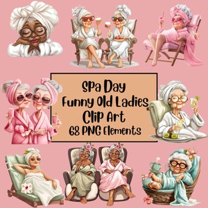 Grappige oude dames clipart, ouderen clipart, spa dag clipart, oude dames PNG bundel, vrolijke oude dame, grappige oude mensen, ontspanning clipart