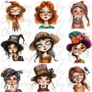 Puede incluir: Nueve ilustraciones digitales de chicas con diferentes peinados, ropa y sombreros. Cada chica tiene ojos grandes y una expresi&oacute;n caprichosa. Las chicas llevan una variedad de sombreros, incluyendo un sombrero de bruja, un sombrero de vaquero, un gorro y un sombrero de copa.