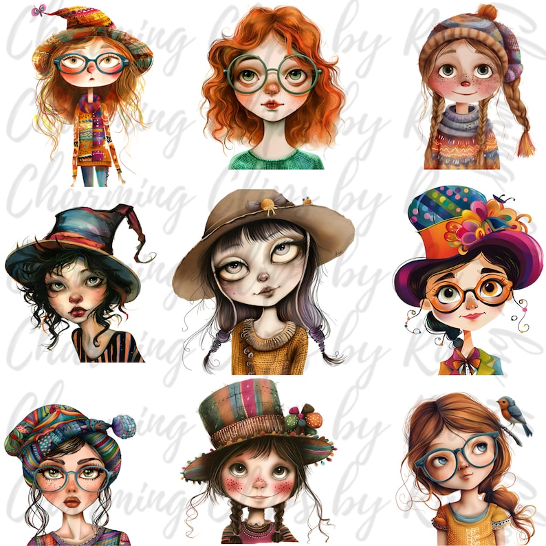 Puede incluir: Nueve ilustraciones digitales de chicas con diferentes peinados, ropa y sombreros. Cada chica tiene ojos grandes y una expresi&oacute;n caprichosa. Las chicas llevan una variedad de sombreros, incluyendo un sombrero de bruja, un sombrero de vaquero, un gorro y un sombrero de copa.