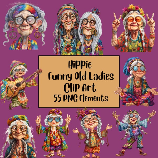 Funny Old Ladies Clipart, 70's Clipart, Hippie, Elderly Clipart, Old Ladies PNG Bundle, Cheerful Old Lady, Funny Old People, Sublimination